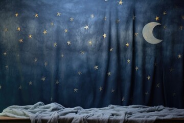 a cloth sky with embroidered stars and felted moon - obrazy, fototapety, plakaty