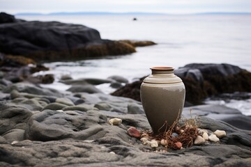 Fototapeta na wymiar a cremation urn on a rocky beach