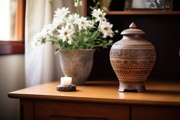 a simple urn on a personal home altar