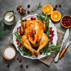 Grilled or Roasted whole chicken with oranges ,rosemary and cranberries on table for Thanksgiving or Christmas Dinner