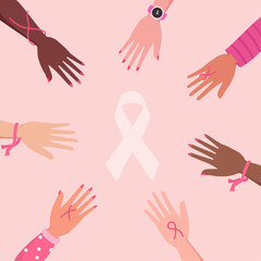 breast cancer awareness month for disease prevention campaign and diverse ethnic women group together with pink support ribbon symbol on chest concept, vector illustration