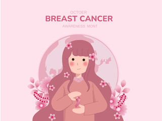 breast cancer awareness month for disease prevention campaign and woman with pink support ribbon symbol on chest concept, vector illustration
