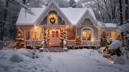   small house covered with snow for valentine's day romantic house decorated  generated by AI tool