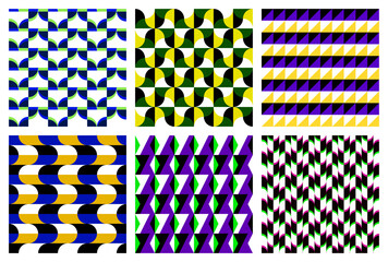 Vector seamless patterns set of different geometric color shapes. Abstract patterned tiles design.