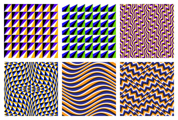 Vector seamless patterns set of color stripes and triangles. Abstract patterned tiles design.