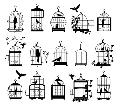 Bird cages with birds silhouettes. Black wall decals with flying birds in cages, minimalistic decorative art for interior. Vector isolated collection