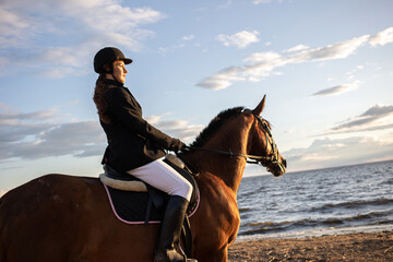 Horsewoman in equestrian sports gear, riding a horse, on the beach, portrait on the background of...