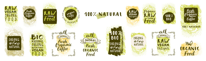 Vector Bio Organic icons. Vegan Food labels. Fresh Natural Coffee, Raw Delights tags. Restaurant, cafe, bakery menu labels, badges, stickers, logos, banners, posters. Isolated vegan doodles