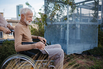 Senior man in a wheelchair sitting outside in an urban garden, enjoying a warm autumn day. Portrait...