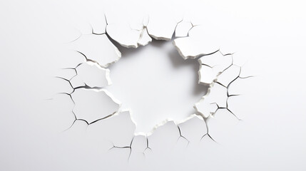 Cracked hole on white wall.
Generative Ai image.