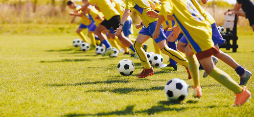 Football soccer junior players at training class. Boys practicing football on a grass field. Group...
