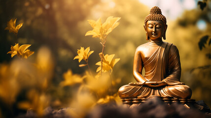 Golden Buddha statue symbol of spirituality and meditation - obrazy, fototapety, plakaty