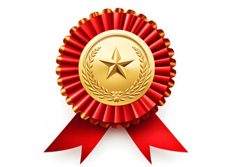 Golden Award Medal With Laurel Wreath And Red Ribbon  On White Background