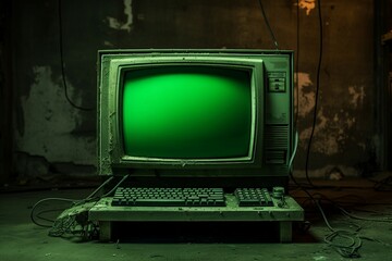 Vintage Tech Concept: Green Computer Terminal Screen in Frame, Blank.