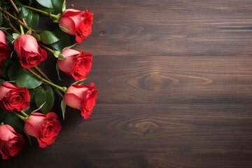 Naklejka na ściany i meble International women day, mothers day concept. Top view of roses flowers blossoms on brown wooden background with copy space. Generative AI