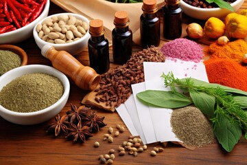 spices and herbs spread around health insurance papers