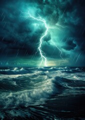 dramatic thunderstorm on beach seascape