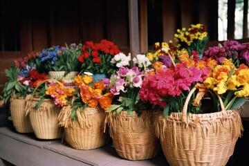 Fototapeta na wymiar overflowing baskets of flowers for a cultural gathering