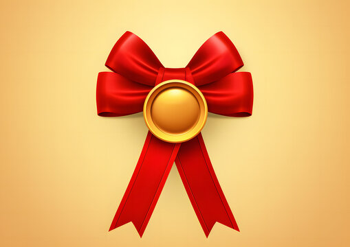 Golden Award Medal With Laurel Wreath And Red Ribbon  On Gradient Background