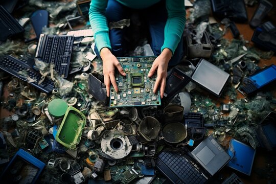 Woman Packing Old Laptop and Keyboard for Recycling: E-Waste Concept