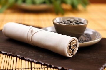 moxibustion roll lit on a bamboo mat