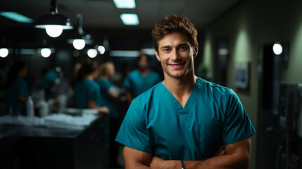 Fototapeta premium Portrait of a doctor in uniform against the background of a medical team. The doctor looks at the camera. Background with bokeh effect. AI generative