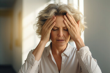 Senior overworked woman suffering from headache at the office