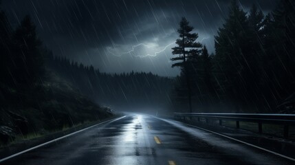 A rainy, stormy night on a deserted road. Generative AI - obrazy, fototapety, plakaty