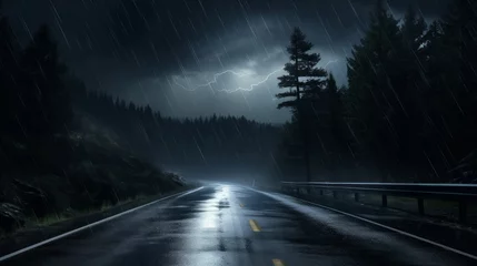 Foto op Canvas A rainy, stormy night on a deserted road. Generative AI © AIExplosion