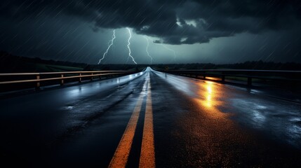 Obraz premium A rainy, stormy night on a deserted road. Generative AI
