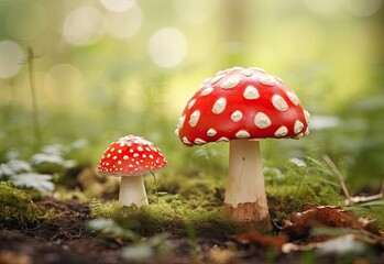 Fototapeta premium Whimsical Fly Agaric Mushrooms Nestled in Mossy Forest Enchantment. Generative AI