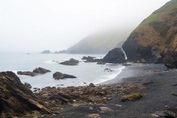 a foggy coastline without any footprints or wildlife