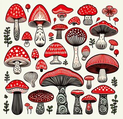 Whimsical Illustrated Scene of Vibrant Red Fly Agaric Mushrooms in a Magical Forest. Generative AI