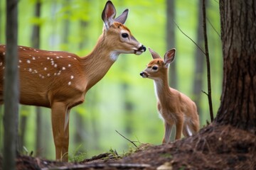 a deer lovingly gazes at its fawn