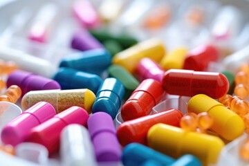 colorful antibiotic and antiviral capsules organized in a weekly pillbox - obrazy, fototapety, plakaty
