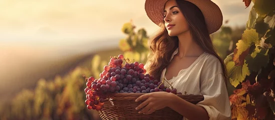 Rucksack Attractive woman with grapes in vineyard With copyspace for text © 2rogan