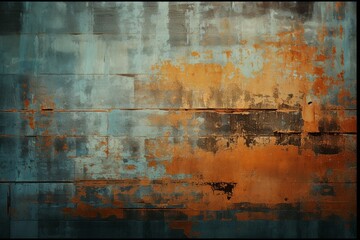 Grunge Abstract Background: Damaged Screen with Orange Glitch Noise on Blue Texture