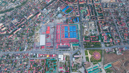 Grozny, Russia. Panorama of the city from the air after sunset. Blue hour. Aerial view