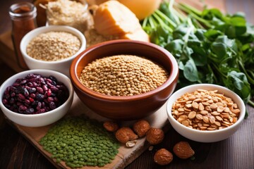 high-fiber foods including whole grains, lentils arranged in a bowl