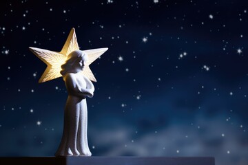 figurine of an angel holding a star against a night sky backdrop