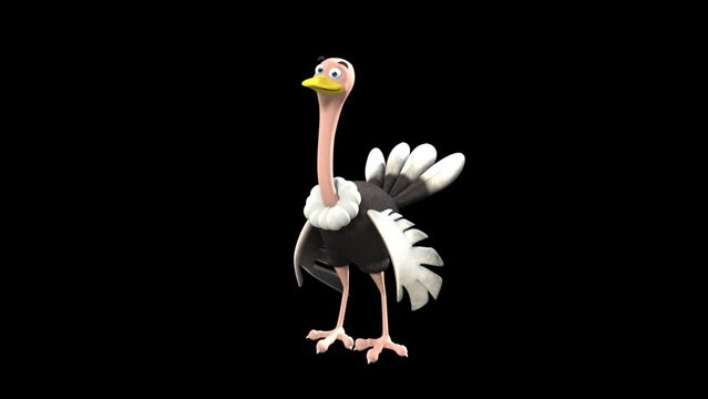 Smiling Ostrich With A Yellow Beak, Featherless Long Pink Neck, And Legs Raises Its Left Wing Pointing Against A Blank Transparent