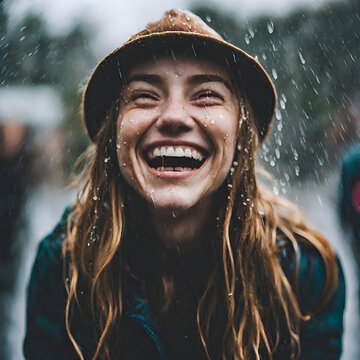 People laughing in a rainy day together wearing  raincoats and having umbrella enjoying the moment  