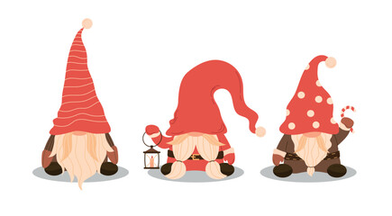 Cute christmas dwarf. Adorable gnomes in red white costumes. Scandinavian gnomes.  Cute christmas santa gnome elf illustration in cartoon style on white background