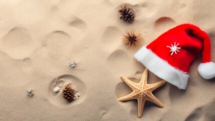 Christmas Beachy Delight: Flat Top View of Starfish and Santa Hat on Sand, with Space for Text and Gift Boxes for a Joyful Vacation Experience.