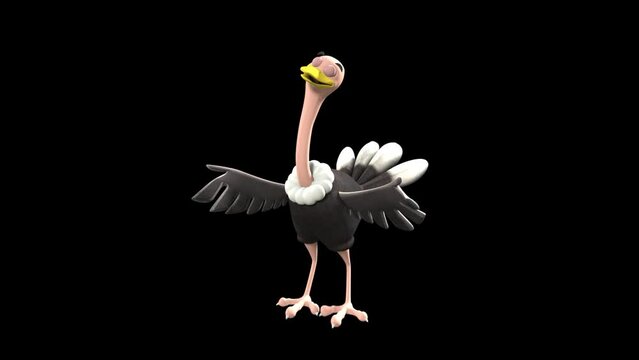 3D Cartoon Ostrich With Yellow Beak, Featherless Long Pink Neck, And Legs Dancing Left And Right, Then Spinning Against Transparent Background While Smiling At The Camera.