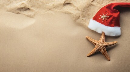 Fototapeta na wymiar Festive Beachy Joy: Top View Santa Hat and Starfish Flat Lay with Space for Christmas Vacation Text