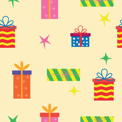 Seamless pattern with colorful gift boxes and modern abstract stars. Birthday, wrapping paper, event, party concept. 