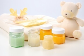 Obraz na płótnie Canvas set of gentle baby skincare products like moisturizing lotions, soaps