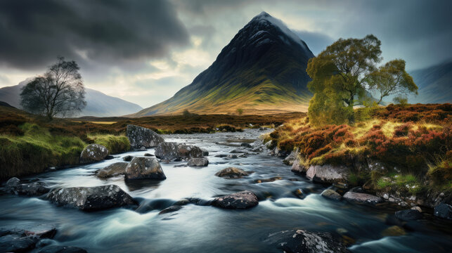 Scottish highlands and Glen Etive feel. Calm river and iconic triangle mountain.
