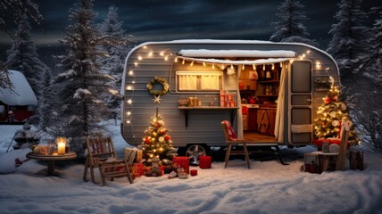 Festive Trailer Christmas: Yuletide Tree Backdrop for Camper Van, Mobile Home, and Terrace Celebrations during Winter Holidays and New Year's Day in the Camp - obrazy, fototapety, plakaty